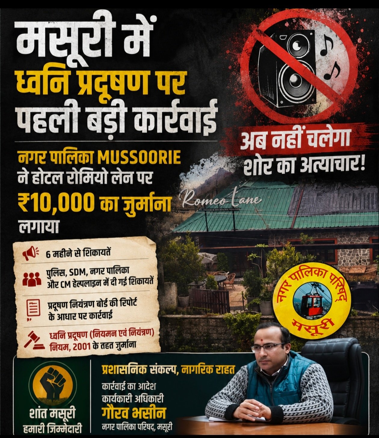 Landmark Action Against Noise Pollution: Mussoorie Nagar Palika Fines Hotel ₹10,000 After Months of Complaints