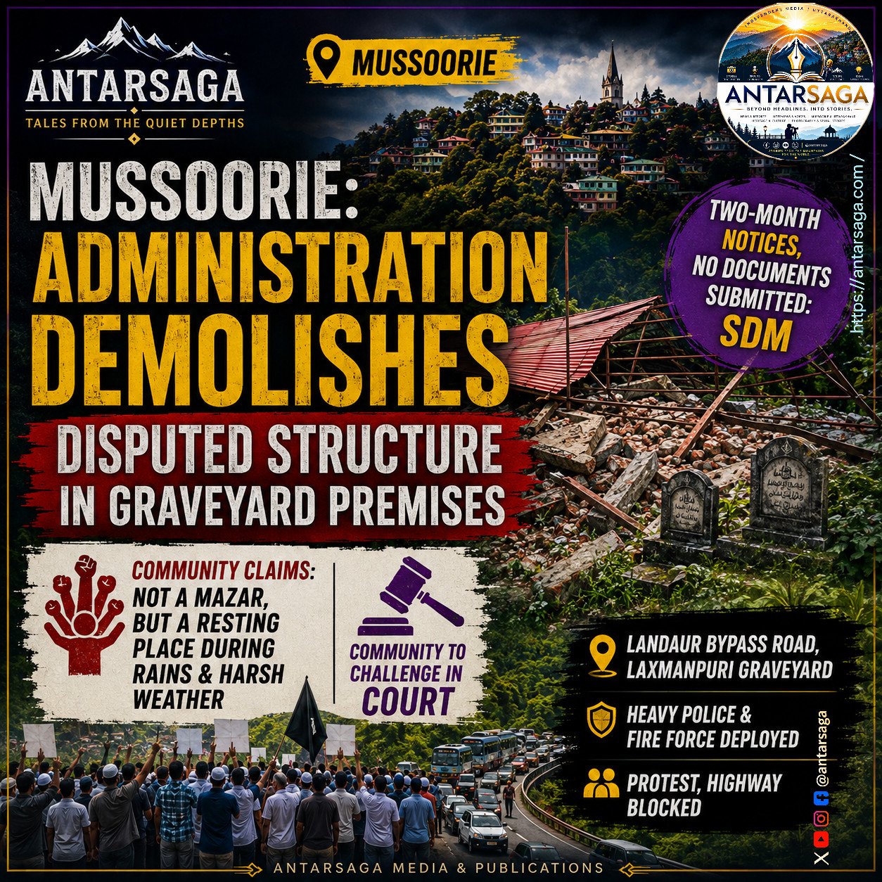 Administrative Demolition at Long-Standing Graveyard Site Triggers Protest in Mussoorie; Community Plans Legal Challenge